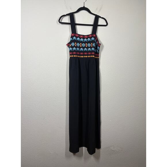 Charlotte Green Size 4 Boho Embroidered Midi Slip Dress Black Smocked Black - Picture 2 of 10